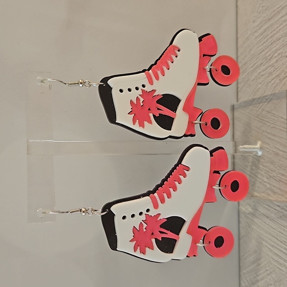 Pink and white roller skates pierced earrings NWOT 80s vibe retro - Picture 1 of 5